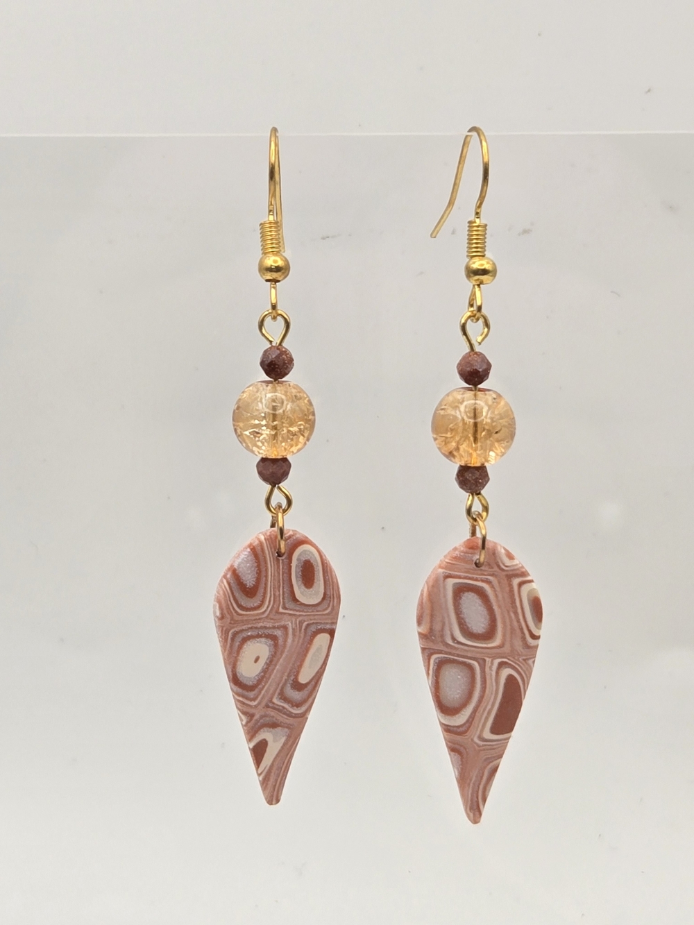 #B281- Brown Pattern Teardrop Dangle Earrings with Gold Hooks - Sandstone